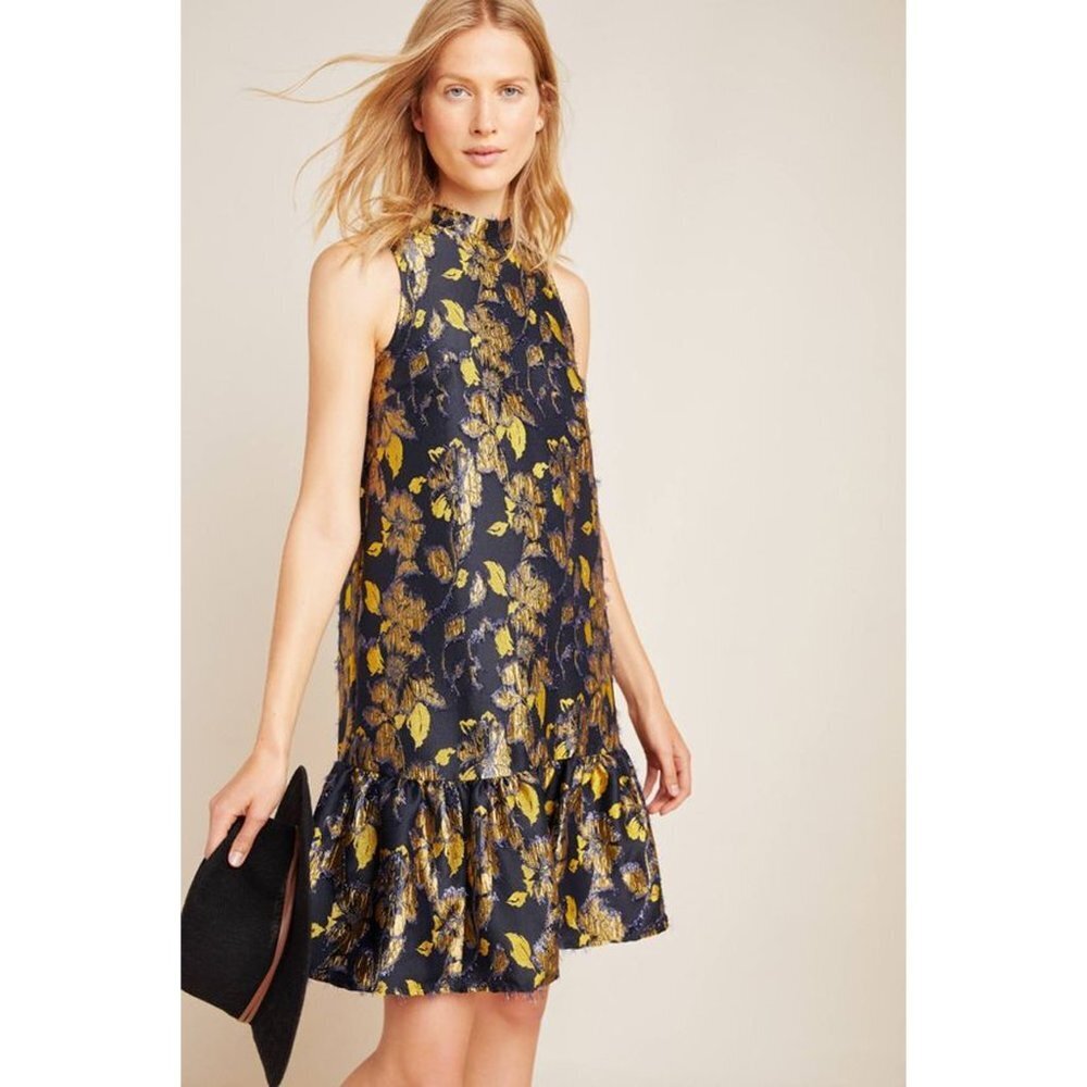 NWT Anthropologie Liza Textured Foiled Accent Floral Swing Sleeveless Mini Dress